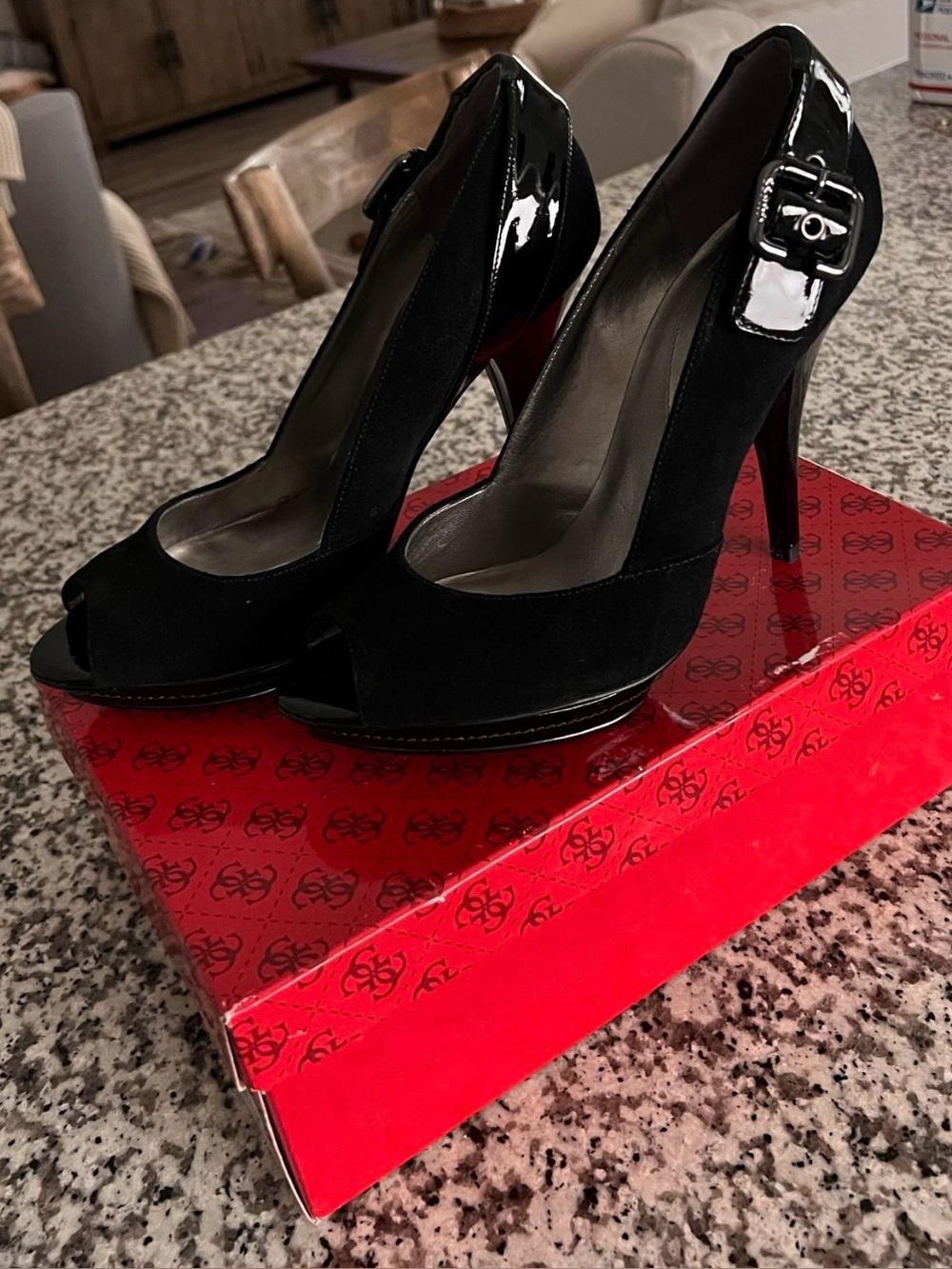 Guess Black Suede & Patent Leather Peep-Toe High Heels